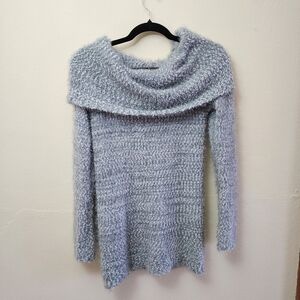 LaurenConrad Blue Gray Off Shoulder Cowl Neck Fuzzy Eyelash Sweater Tunic Size M